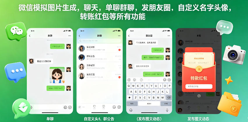微信模拟图片生成，聊天，单聊群聊，发朋友圈，自定义名字头像，转账红包等所有功能都可以生成-洛柒笔记