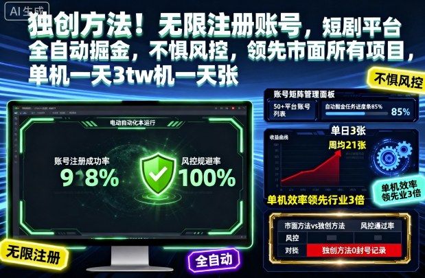 独创方法！无限注册账号，短剧平台全自动掘金，不惧风控，领先市面所有项目，单机一天3张-洛柒笔记