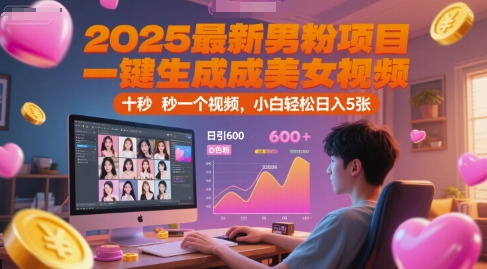 2025最新男粉项目，一键生成美女视频，日引600+色粉 十秒一个视频，小白轻松日入5张【揭秘】-洛柒笔记