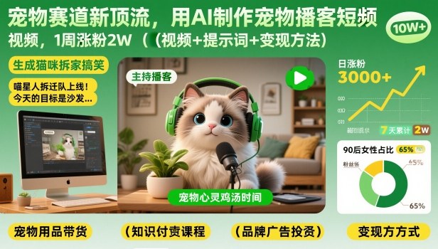 宠物赛道新顶流，用AI制作宠物播客短视频，1周涨粉2W（视频+提示词+变现方法）-洛柒笔记