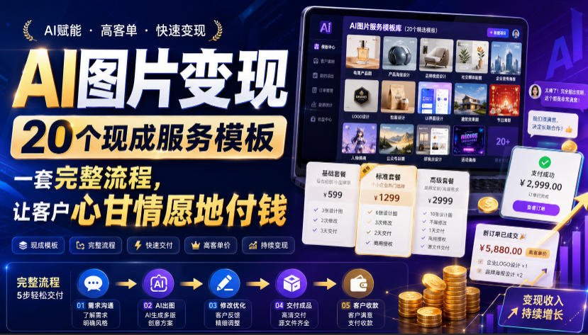 AI图片变现，20个现成服务模板，一套完整流程，让客户心甘情愿地付钱【原创双语字幕】-洛柒笔记