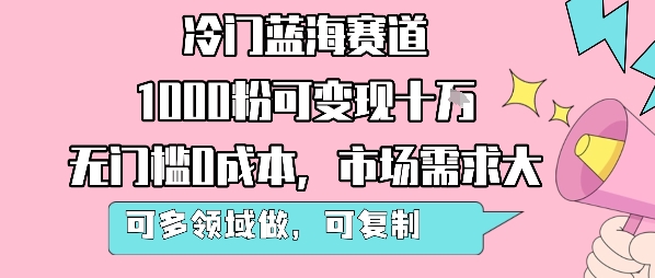 冷门蓝海赛道，1000粉可变现十W，无门槛0成本，市场需求大，可多领域做，可复制性强-洛柒笔记