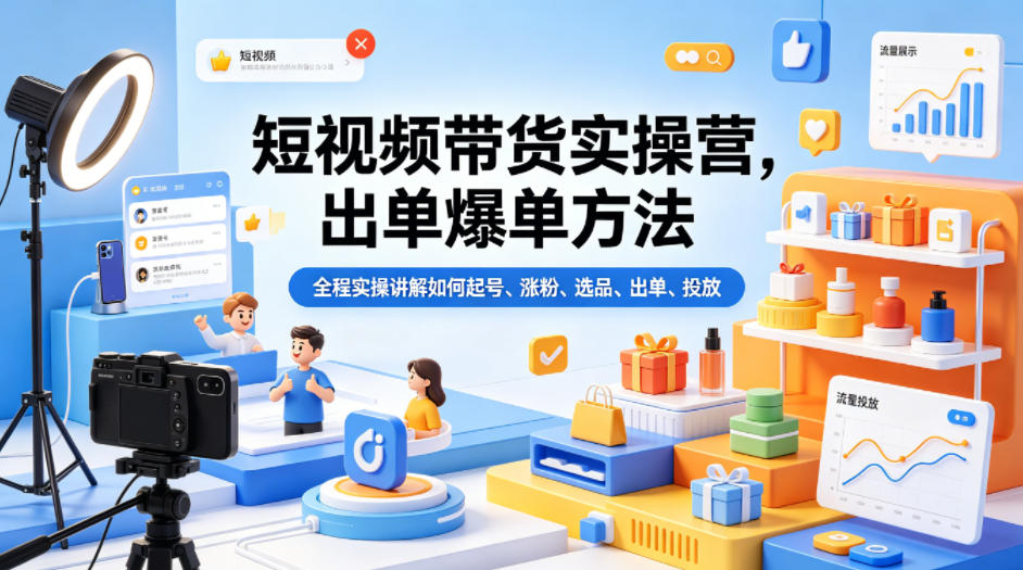 短视频带货实操营，出单爆单方法，全程实操讲解如何起号、涨粉、选品、出单、投放-洛柒笔记