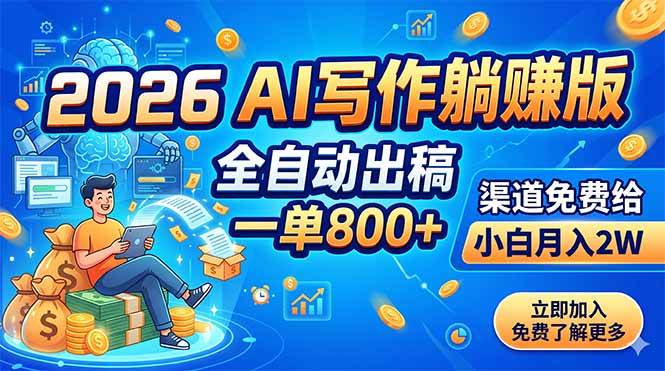 （18885期）2026 AI写作躺赚版：全自动出稿，一单800+，渠道免费给，小白月入2W-洛柒笔记