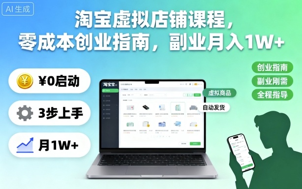 淘宝虚拟店铺课程，零成本创业指南，副业月入1W+-洛柒笔记