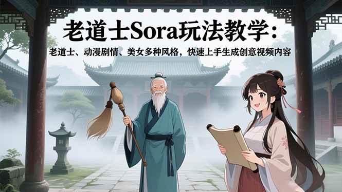 （16862期）老道士Sora玩法教学：老道士、动漫剧情、美女多种风格，快速上手生成创意视频内容-洛柒笔记