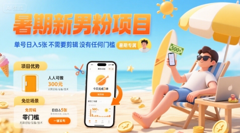 暑期新男粉项目 单号日入5张 不需要剪辑 没有任何门槛-洛柒笔记