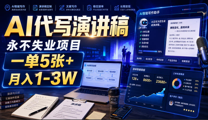 AI代写演讲稿，永不失业项目，一单5张+，月入1-3W【揭秘】-洛柒笔记
