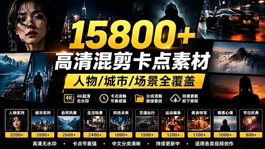 （19120期）【影视剪辑素材合集】15800+高清混剪卡点｜热门影视精彩片段｜人物/城市/场景全覆盖，中文分类清晰-洛柒笔记