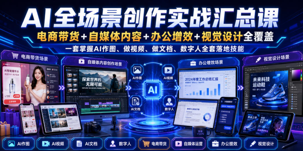 AI全场景创作实战汇总课｜电商带货+自媒体内容+办公增效+视觉设计全覆盖，一套掌握AI作图、做视频、做文档、数字人全套落地技能-洛柒笔记