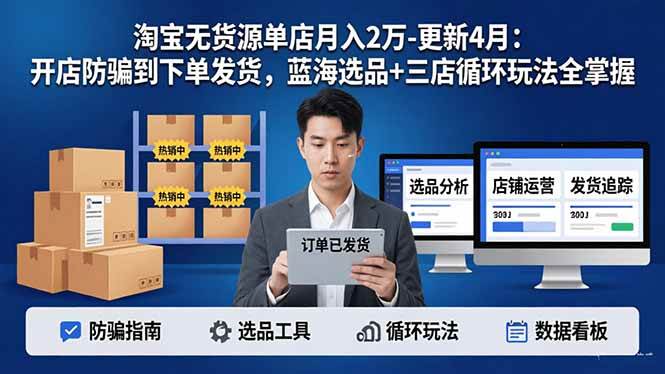 （18188期）淘宝无货源5.0单店月入2万-更新4月：开店防骗到下单发货，蓝海选品+三店循环玩法全掌握-洛柒笔记