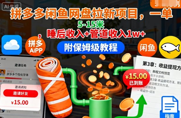 拼多多闲鱼网盘拉新项目，一单5-15米，睡后收入+管道收入1w+（附保姆级教程）-洛柒笔记