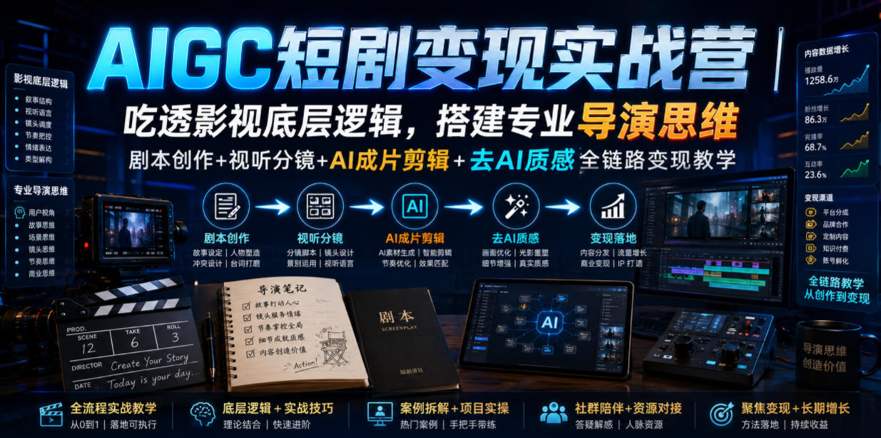AIGC短剧变现实战营｜吃透影视底层逻辑，搭建专业导演思维，剧本创作+视听分镜+AI成片剪辑+去AI质感全链路变现教学-洛柒笔记