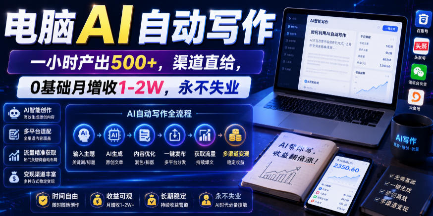 电脑AI自动写作，一小时产出500+，渠道直给，0基础月增收1-2W，永不失业【揭秘】-洛柒笔记