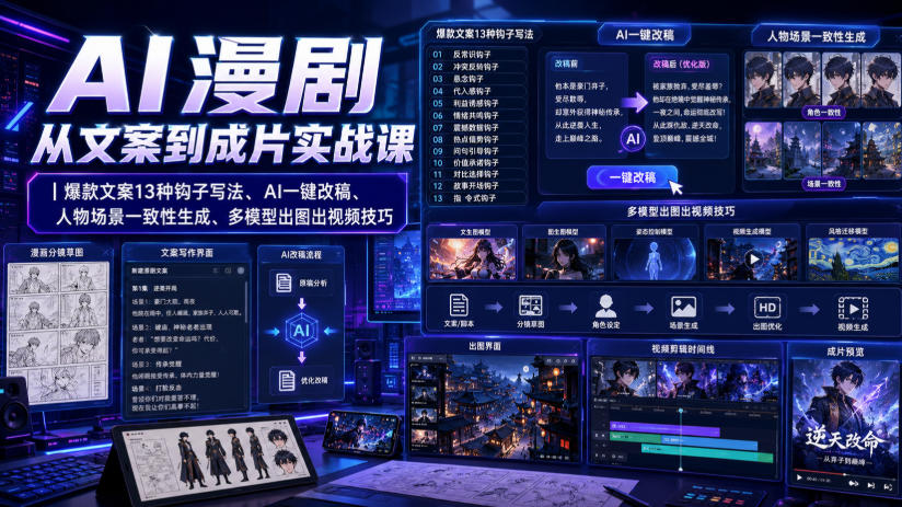 AI漫剧从文案到成片实战课｜爆款文案13种钩子写法、AI一键改稿、人物场景一致性生成、多模型出图出视频技巧-洛柒笔记