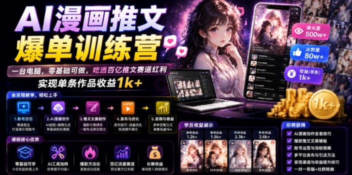 AI漫画推文爆单训练营，一台电脑，零基础可做，吃透百亿推文赛道红利，实现单条作品收益1k+-洛柒笔记