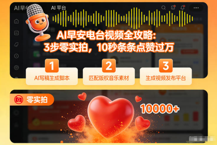 AI早安电台视频全攻略：3步零实拍，10秒条条点赞过万-洛柒笔记