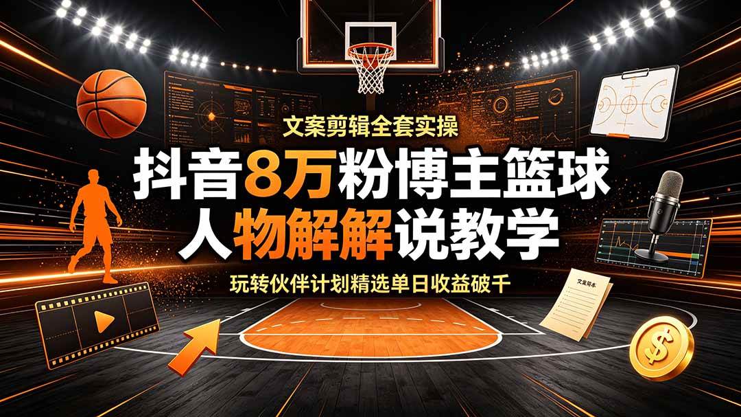 （19135期）抖音8万粉博主篮球人物解说教学，文案剪辑全套实操，玩转伙伴计划精选单日收益破千-洛柒笔记