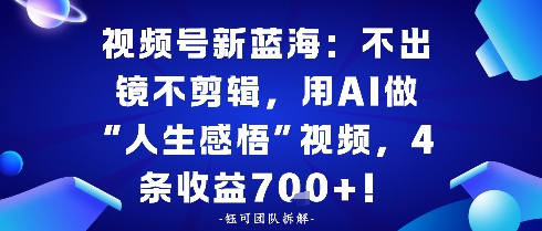 视频号新蓝海：不出镜不剪辑，用AI做“人生感悟”视频，4条收益7张-洛柒笔记
