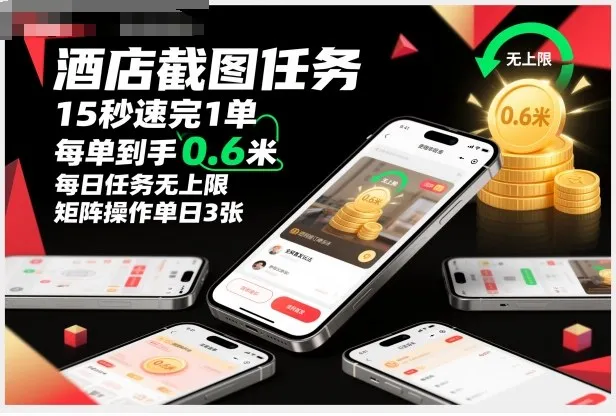 酒店截图任务，15秒速完1单，每单到手0.6米，每日任务无上限，全网首发玩法，矩阵操作单日3张-洛柒笔记