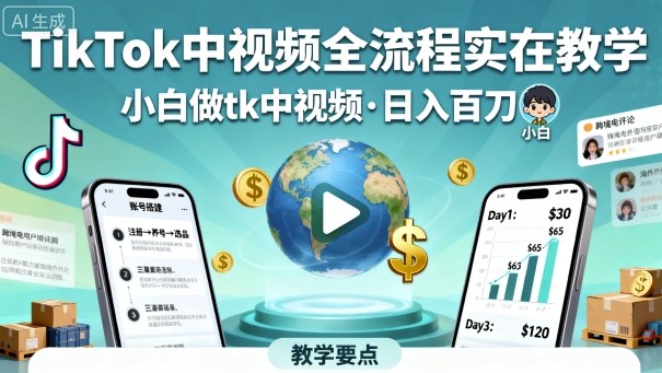 TikTok中视频全流程实操教学，小白做tk中视频，日入百刀-洛柒笔记