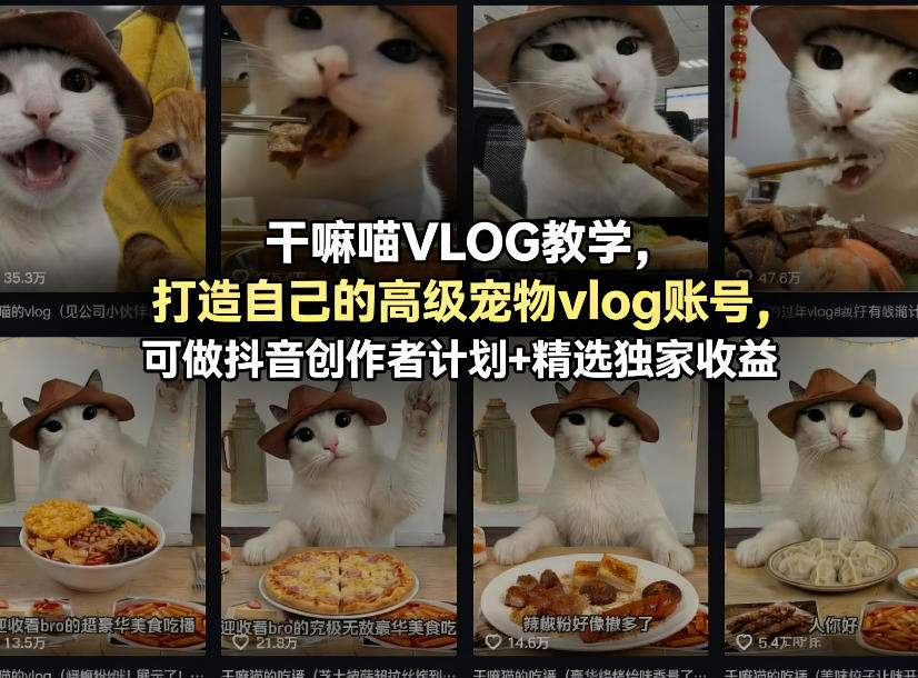 干嘛喵VLOG教学，打造自己的高级宠物vlog账号，可做抖音创作者计划+精选独家收益-洛柒笔记