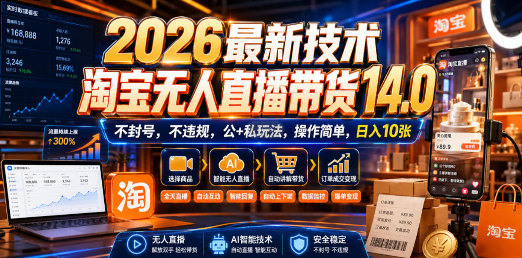 2026最新技术，淘宝无人直播带货14.0，不封号，不违规，公+私玩法，操作简单，日入10张【揭秘】-洛柒笔记