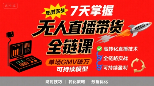 无人直播带货全链防封实战课，7天掌握高转化直播技术，实现单场GMV破万可持续模型-洛柒笔记