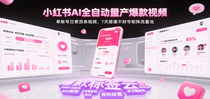 小红书AI全自动量产爆款视频，单账号日更百条视频，7天搭建不封号矩阵流量池-洛柒笔记