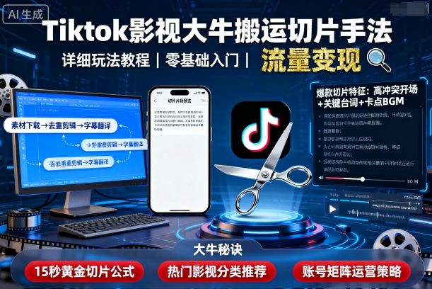 Tiktok影视大牛搬运切片手法，详细玩法教程-洛柒笔记
