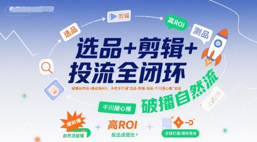 选品+剪辑+投流全闭环，破播自然流+撬动高ROI，手把手打通“选品-剪辑-测品-千川随心推”全链-洛柒笔记