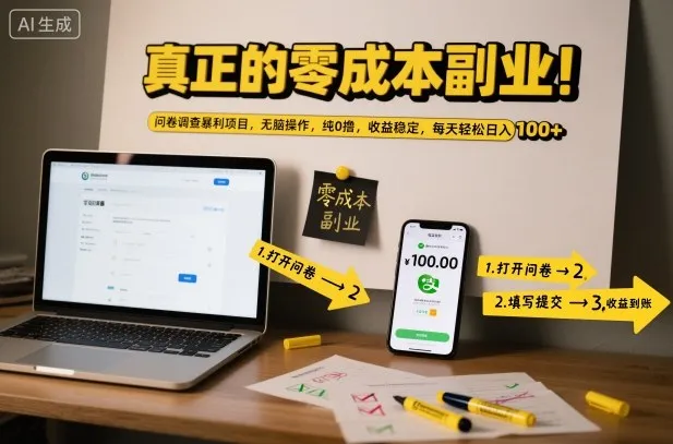 真正的零成本副业！问卷调查暴利项目，无脑操作，纯0撸，收益稳定，每天轻松日入100+-洛柒笔记
