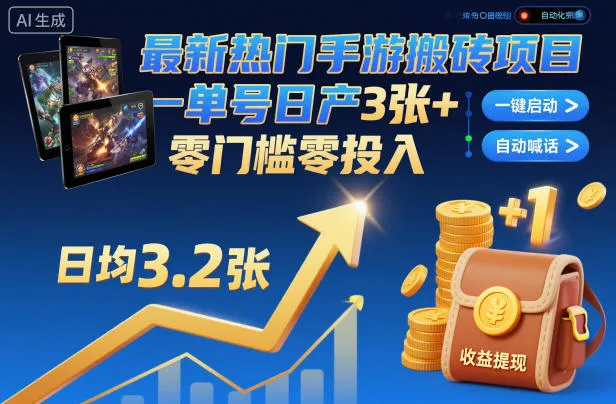 最新热门手游搬砖项目，一键自动化挂G，单号日产3张+，零门槛零投入-洛柒笔记