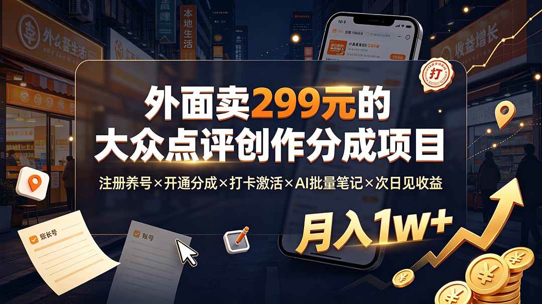 （19488期）外面卖299元的大众点评创作分成项目：注册养号×开通分成×打卡激活×AI批量笔记×次日见收益，月入1w+-洛柒笔记