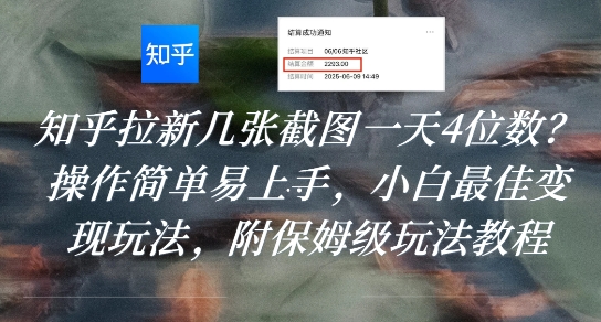 知乎拉新几张截图一天4位数？操作简单易上手，小白最佳变现玩法，附保姆级玩法教程-洛柒笔记