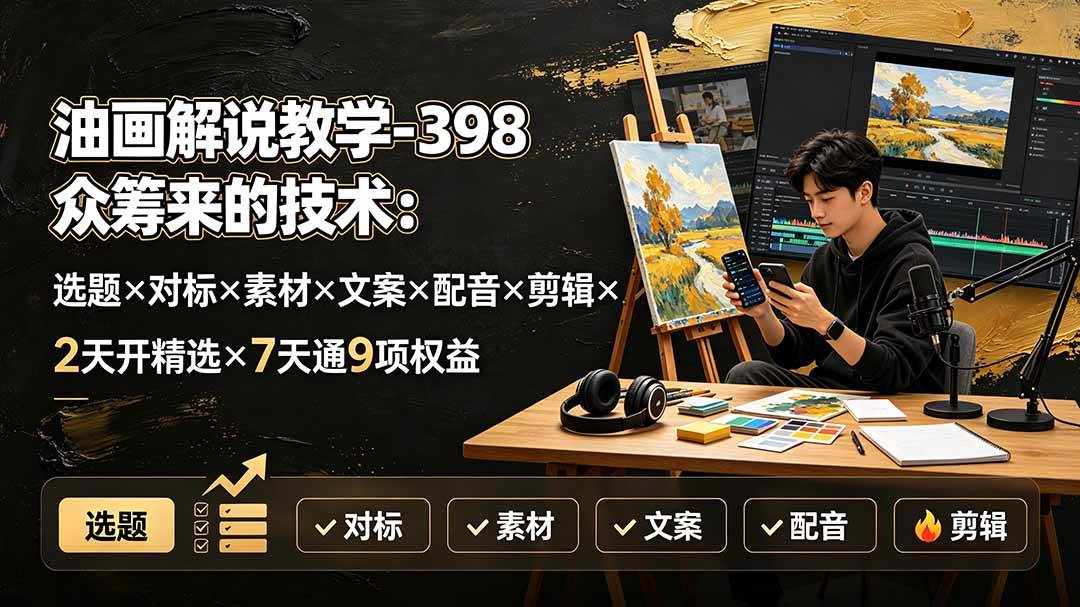 （19587期）油画解说教学-398众筹来的技术-刯新：选题×对标×素材×文案×配音×剪辑×2天开精选×7天通9项权益-洛柒笔记