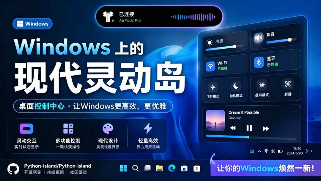 （19104期）Windows也能拥有桌面灵动岛！现代化的系统控制中心，让你的电脑多个黑刘海，PyIsland-洛柒笔记
