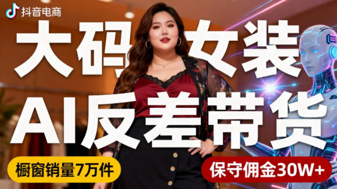 抖音小众赛道，大码女装AI反差带货，不用直播，每天6条作品，橱窗卖7万件，保守佣金30W+-洛柒笔记