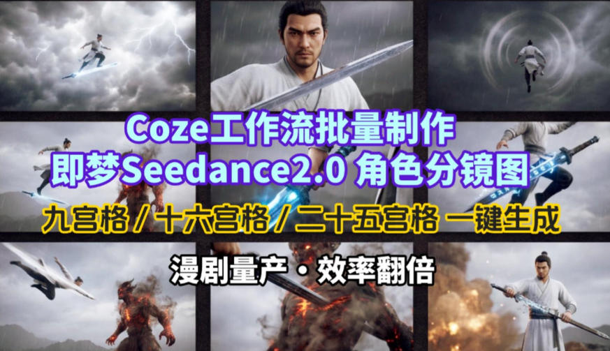 Coze工作流批量制作即梦Seedance2.0角色分镜图，九宫格-十六宫格-二十五宫格一键生成，漫剧量产，效率翻倍-洛柒笔记