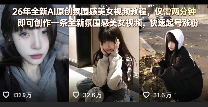 26年全新AI原创氛围感美女视频教程，仅需两分钟即可创作一条全新氛围感美女视频，快速起号涨粉-洛柒笔记