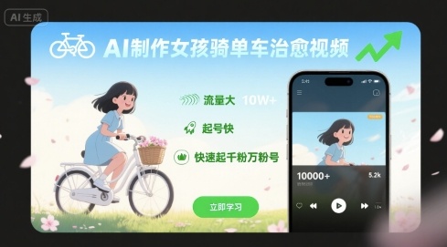 AI制作女孩骑单车治愈视频，流量大，起号快，快速起千粉万粉号-洛柒笔记