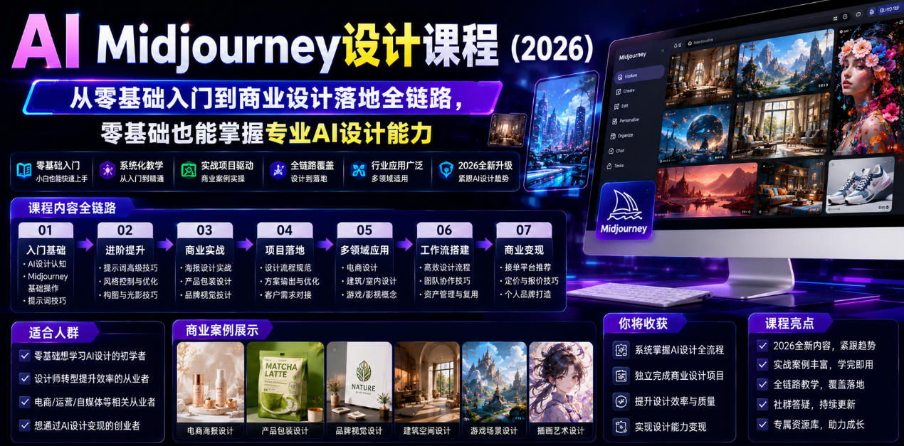 AI Midjourney设计课程（2026），从零基础入门到商业设计落地全链路，零基础也能掌握专业AI设计能力-洛柒笔记
