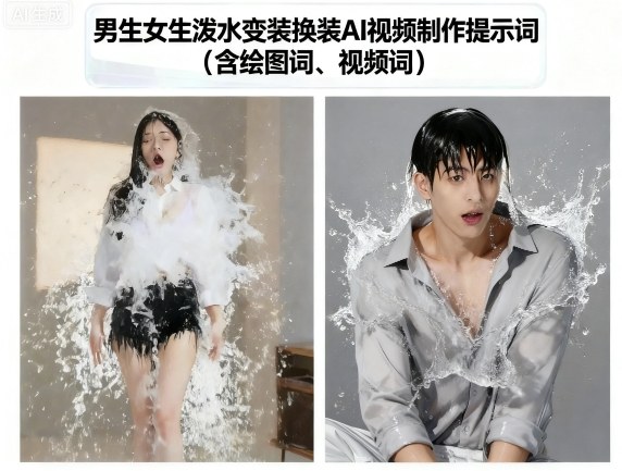 男生女生泼水变装换装AI视频制作提示词(含绘图词、视频词)-洛柒笔记