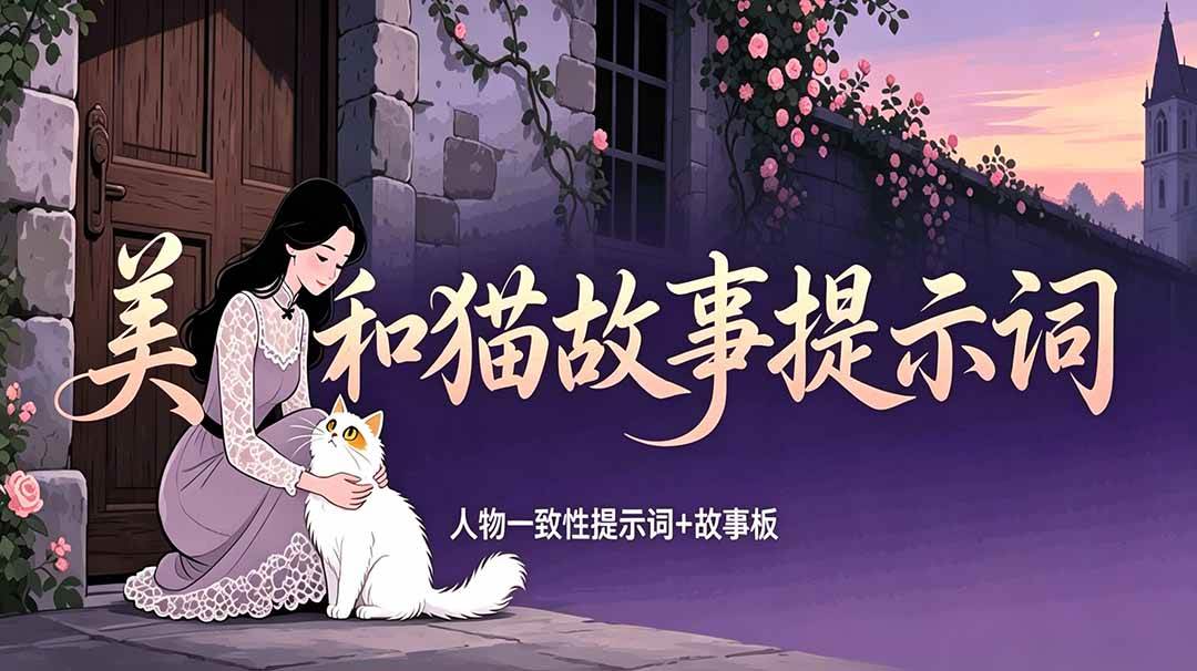 （18909期）美女和猫故事提示词，人物一致性提示词+故事板-洛柒笔记