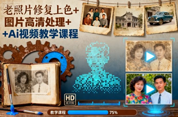 老照片修复上色+图片高清处理+Ai视频教学课程-洛柒笔记