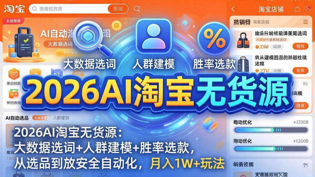 （18046期）2026AI淘宝无货源-4月更新：大数据选词+人群建模+胜率选款，从选品到放大全自动化，月入1W+玩法-洛柒笔记