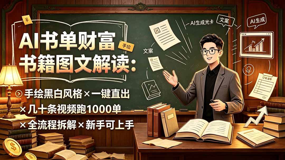 （19515期）AI书单财富书籍图文解读：手绘黑白风格×一键直出×几十条视频跑1000单×全流程拆解×新手可上手-洛柒笔记