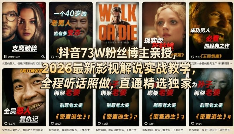 抖音73W粉丝博主亲授，2026最新影视解说实战教学，全程听话照做，直通精选独家-洛柒笔记