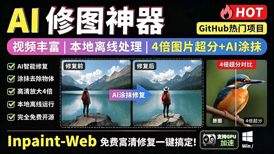 （19073期）本地离线处理，4倍图片超分+AI涂抹去水印！ Github上热门神器，免费高清修复图一键搞定！Inpaint-Web-洛柒笔记