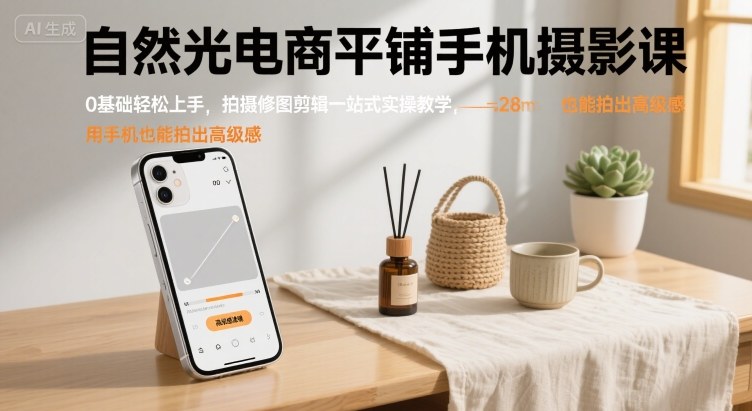 自然光电商平铺手机摄影课，0基础轻松上手，拍摄修图剪辑一站式实操教学，用手机也能拍出高级感-洛柒笔记